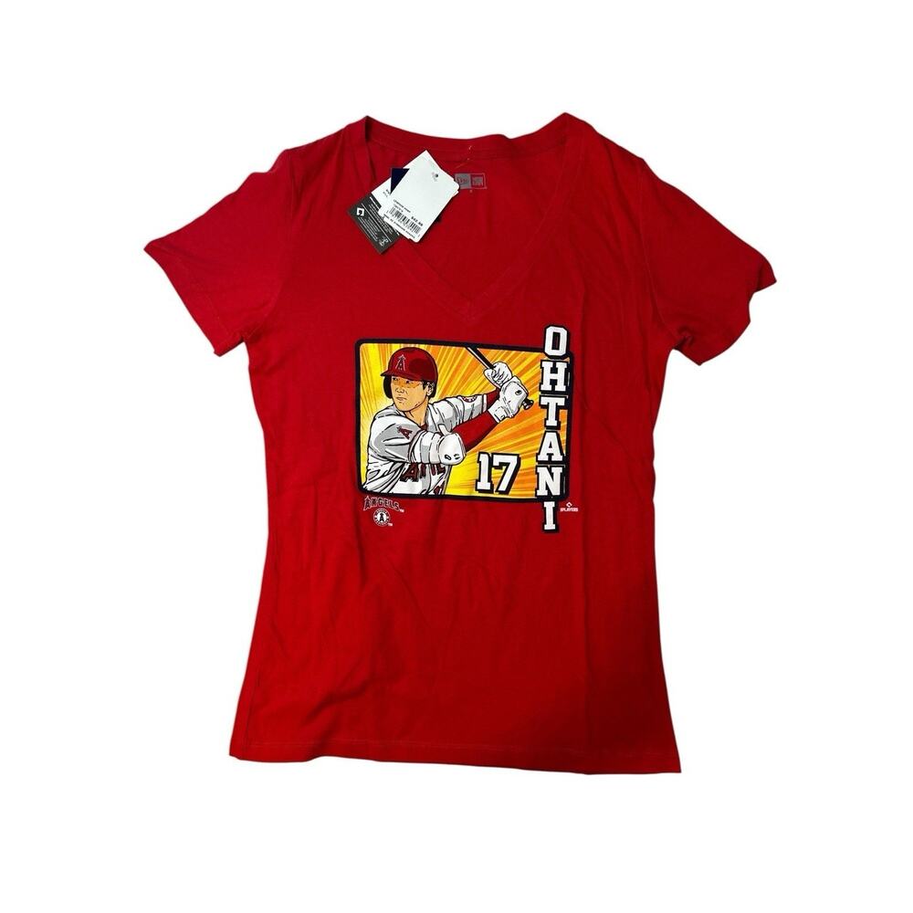 Anaheim Angels Womens Shirt Shohei Ohtani 17 Red MLB Anime V Neck New Era SMALL